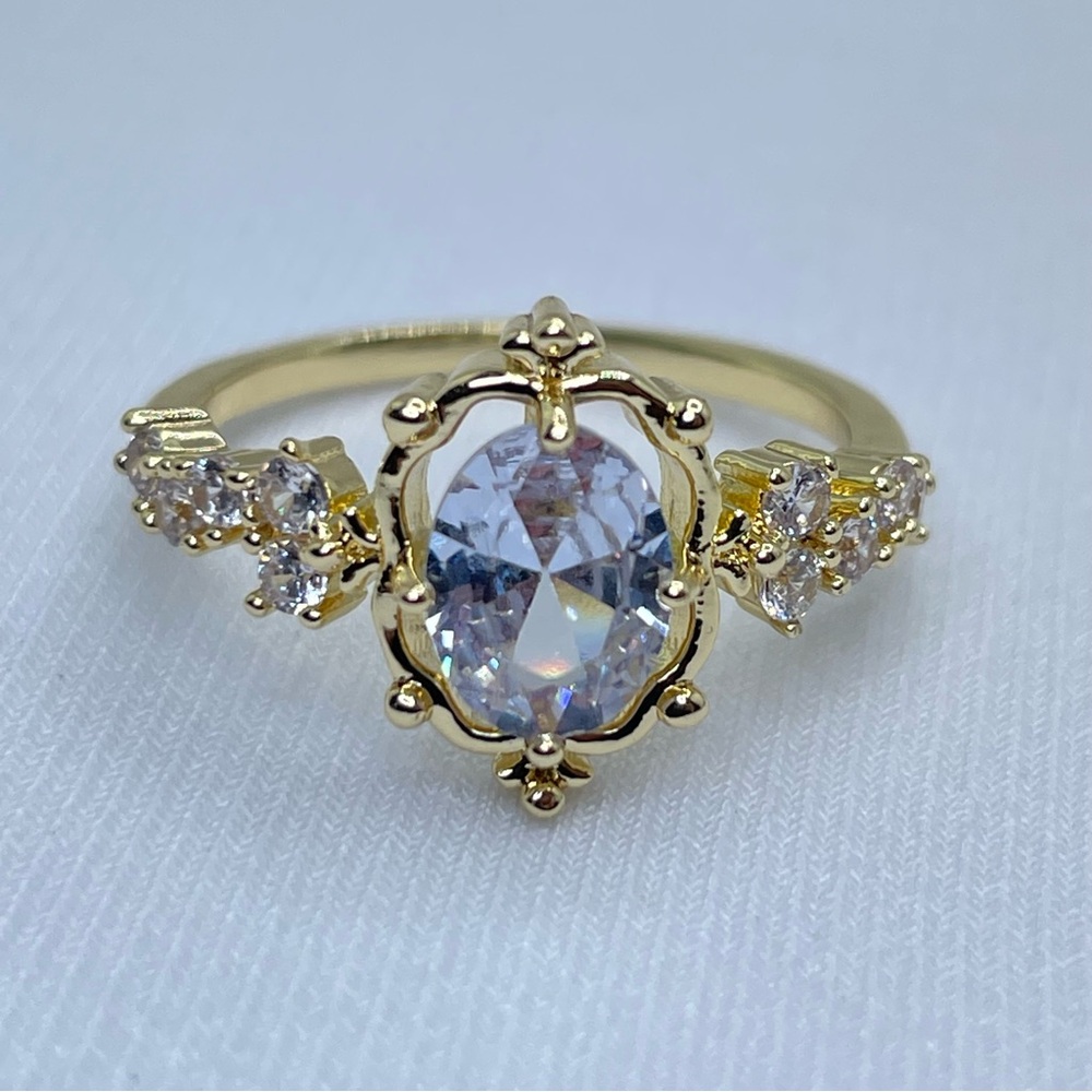 Oval Diamond White CZ Halo Ring Gold Vintage Floral Engagement Style Dainty Ring